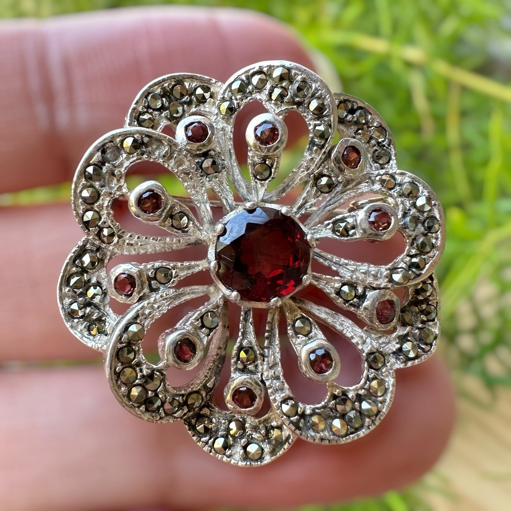 VTG Convertible Brooch Pendant 1.3 Inch Red Garnets Marcasite 925 Sterling 9.3g